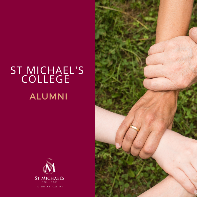 St Michael’s College alumni graphic featuring connected hands symbolising community support and the college logo on a maroon background