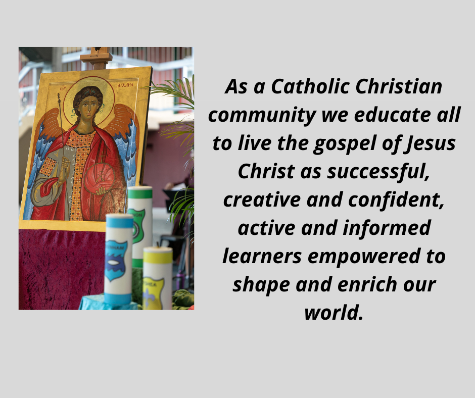 Religious icon displayed with lit candles beside a statement describing Catholic Christian values and the role of education