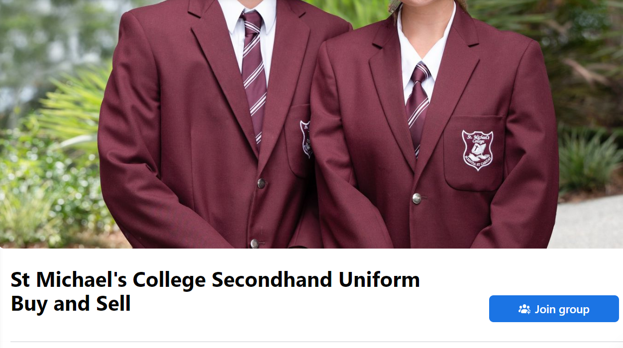 Screenshot showing St Michael’s College Secondhand Uniform Buy and Sell group page featuring students in school uniform and a join group button