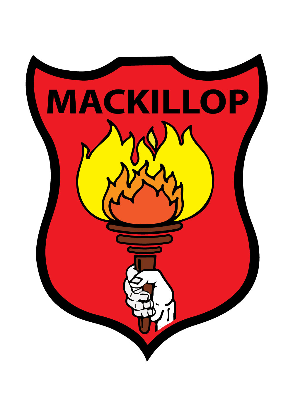 MacKillop house crest featuring a raised torch with flame on a red background