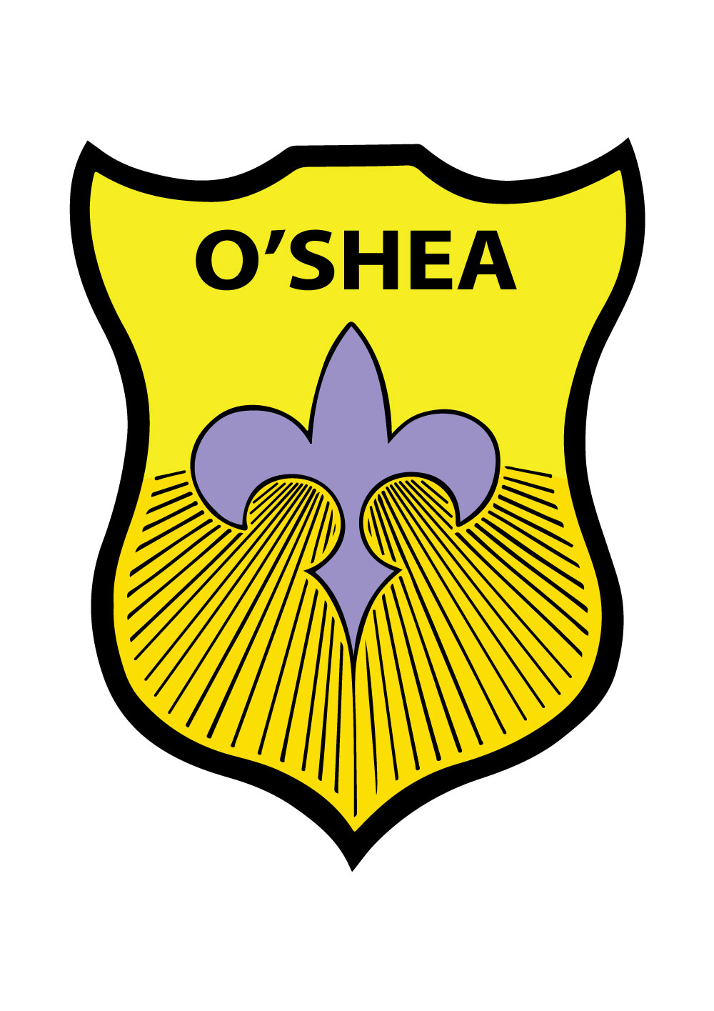 O’Shea house crest featuring a fleur‑de‑lis symbol on a yellow background