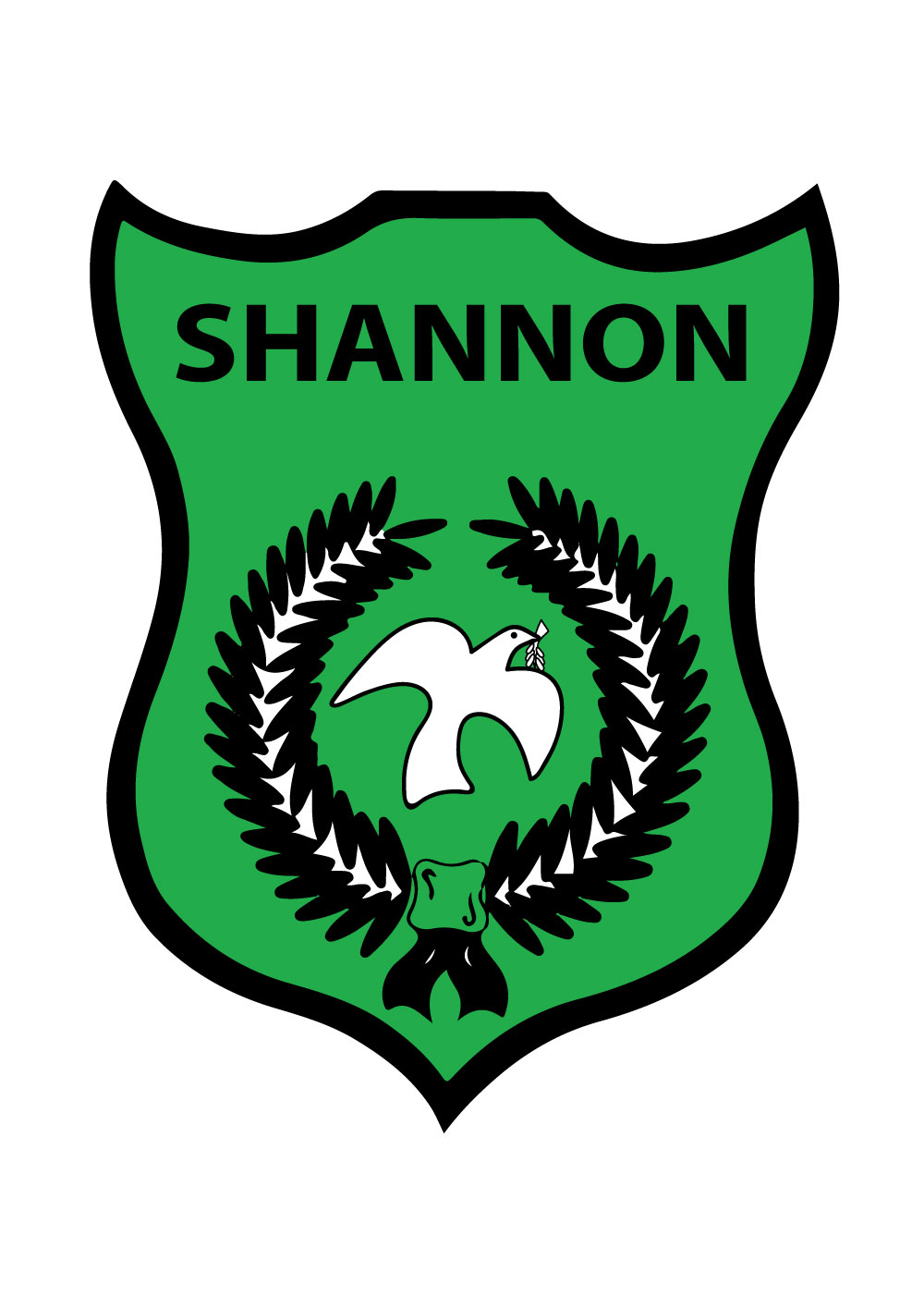 Shannon house crest featuring a dove within a wreath on a green background